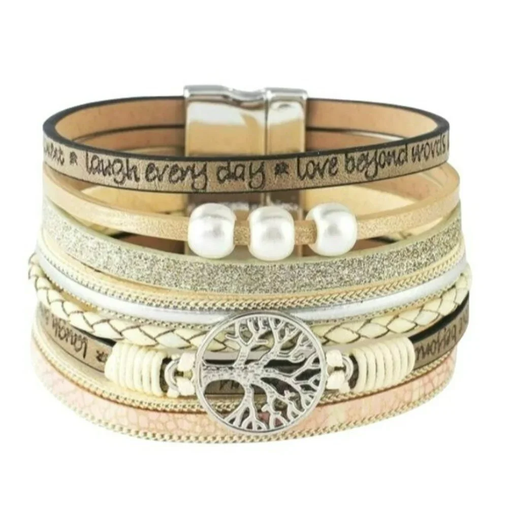 Multilayer Leather Bangle Magnetic‎ Bracelet for Men Or Women 7.5in - Khaki